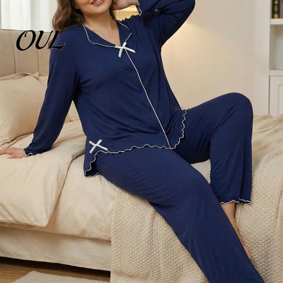 Versatile Two Piece Loungewear Women's Plus Size Pajama Set, Long Sleeve Top And Pants Soft Sleep Sets for Air Conditioned Rooms with Bow, Ruffle