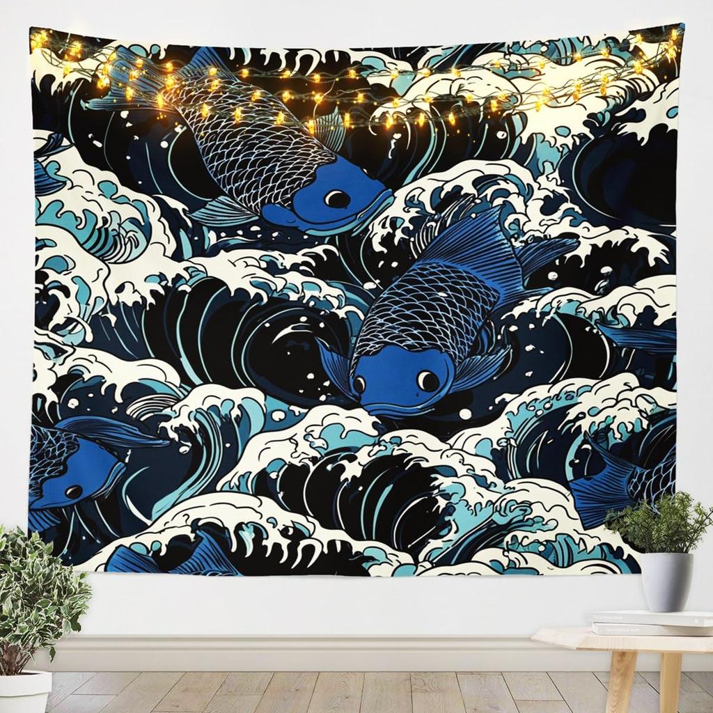 Chinese Cherry Blossom Moon Tapestry, Ink Wash Wall Hanging with Pink Flowers and Full Moon for Zen Aesthetic Bedroom Home Decor