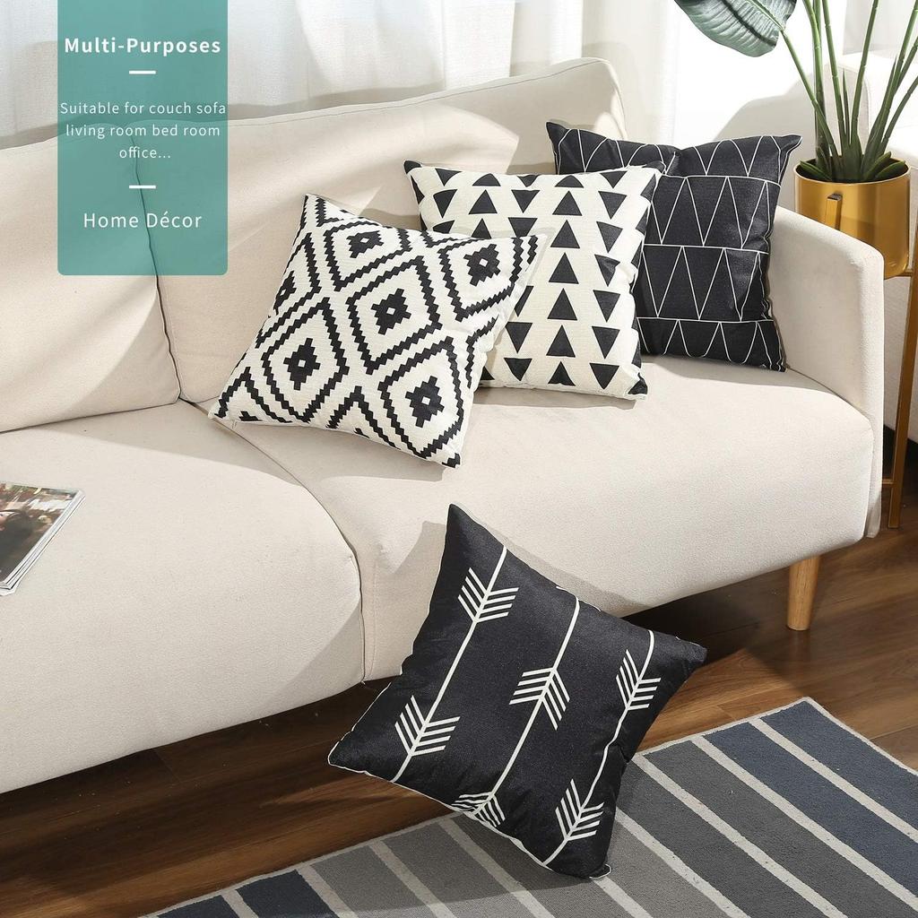 Set aus 4 dekorativen geometrischen Kissenbezügen - Modernes Muster Leinen Quadratische Kissenhülle für Sofa Couch