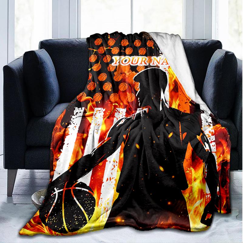1PC Custom Name Basketball Fire outdooor Flannel blankets Patterns Throw Blanket All-Season Soft Gift for Couch, Bed, Camping gifts