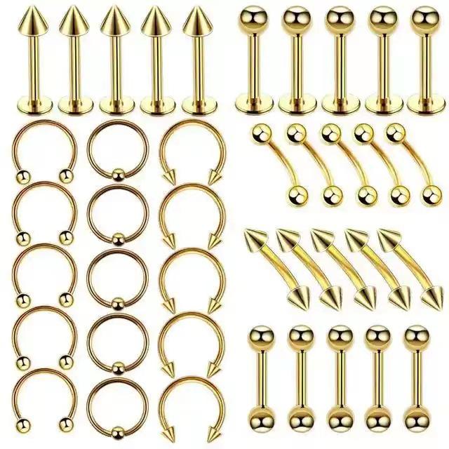 40-teiliges gemischtes Set: Edelstahl Lippen- und Augenbrauenstecker, Ohrringe, Nasenringe, mit runden Kugeln, Spitzen und Kegeln.