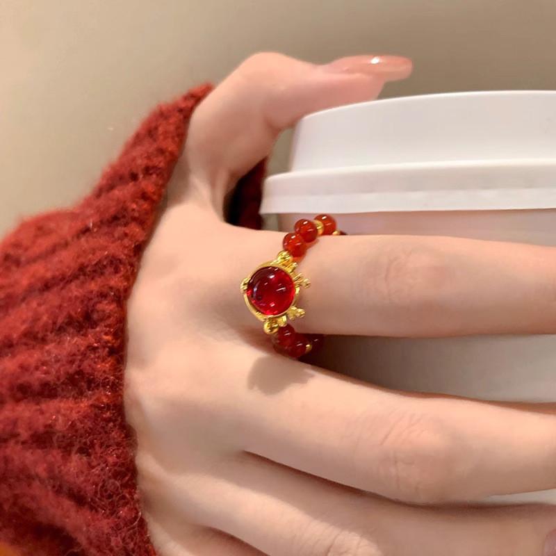 Elegant Adjustable Copper Ring Featuring Rich Red Agate For Prosperity And Good Fortune