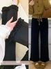 Dames Grote Mat Zwart Casual Pantalon met Ruches en Wijde Pijpen - Herfst/Winter Koreaanse Stijl, Slim Fit, Driekwart Lengte