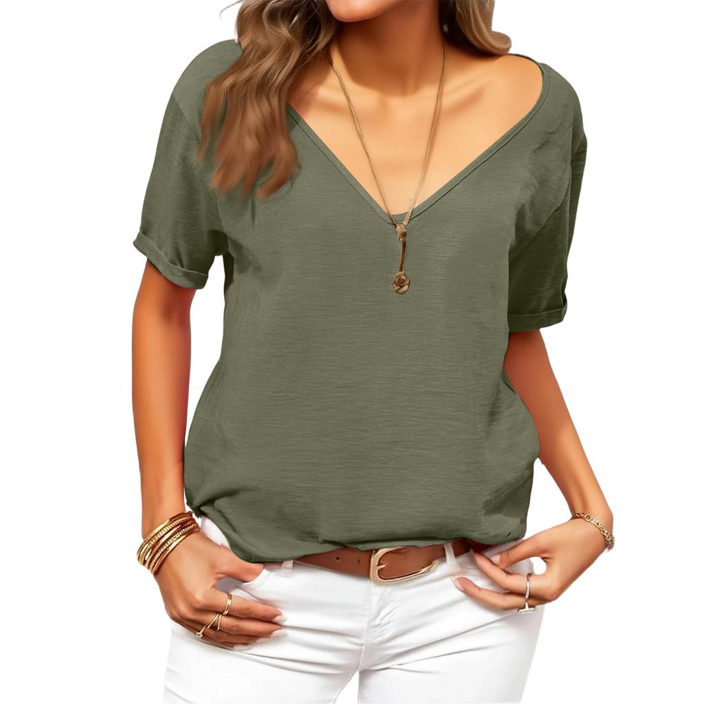 Women's Fashionable Deep V,neck Short,sleeved Color Casual Loose Top