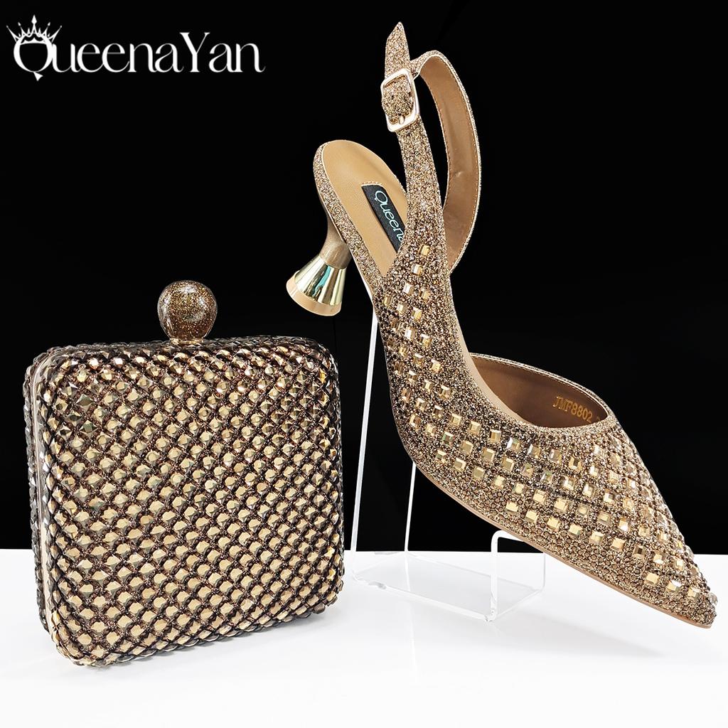 Queena Yan 2025 Italský design Kamínky Luxusní Námořnicky modré Boty a kabelka s špičatou špičkou Dámské vysoké podpatky na večírky Vysoká kvalita