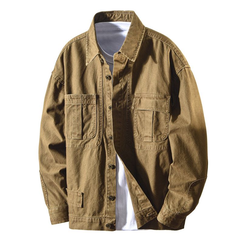 TW Spring and Autumn American vintage Cargo Jacket Men's Loose Casual Long sleeve Outerwear Thin Heavy Washed Pure Cotton