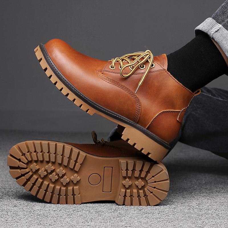 Botas Elevatórias de Inverno Tamanho Grande Feitas à Mão para Homens Couro Genuíno Confortáveis Botins de Amarrar Aumento de Altura Botas de Motociclista