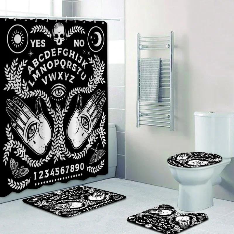 Funny Dancing Skeleton Magic Ouija Board Bathroom Shower Curtain Set Black Skull Bath Mats Rugs Witchy Halloween Home Decor