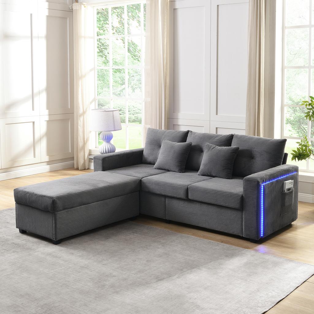 [5-Kissen Supreme Set] LED-Sofa mit wolkenweichem Sitzgefühl: 3-Sitzer-Sofa + Überdimensionierter abnehmbarer Hocker, Tragfähige modulare Möbel in L-Form