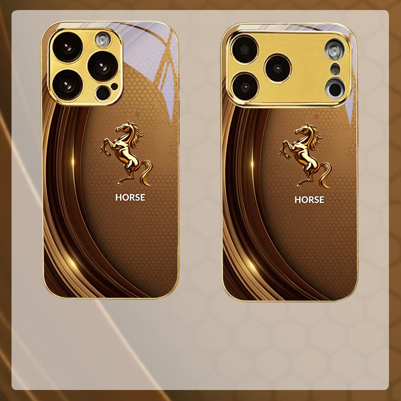 Premium Stallion Art Electroplated Golden Phone Case For iPhone 14 17 16 15 13 12 11 Pro Max Plus 16E 17Air XR 7 8 X Glass Cover