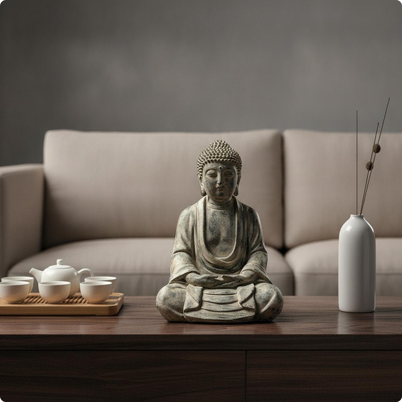 Buddha Statue StoneLook Figurine Weathered Tabletop with Base for Office Desk,
