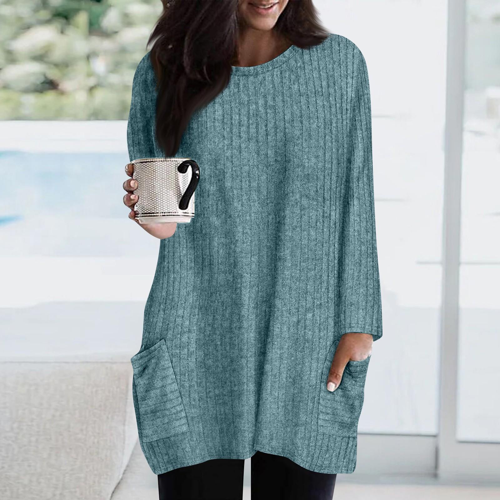 

Sweatshirts For Women Long Sleeve Crewneck Pullover Casual Solid Tunic Tops With Pockets M синий