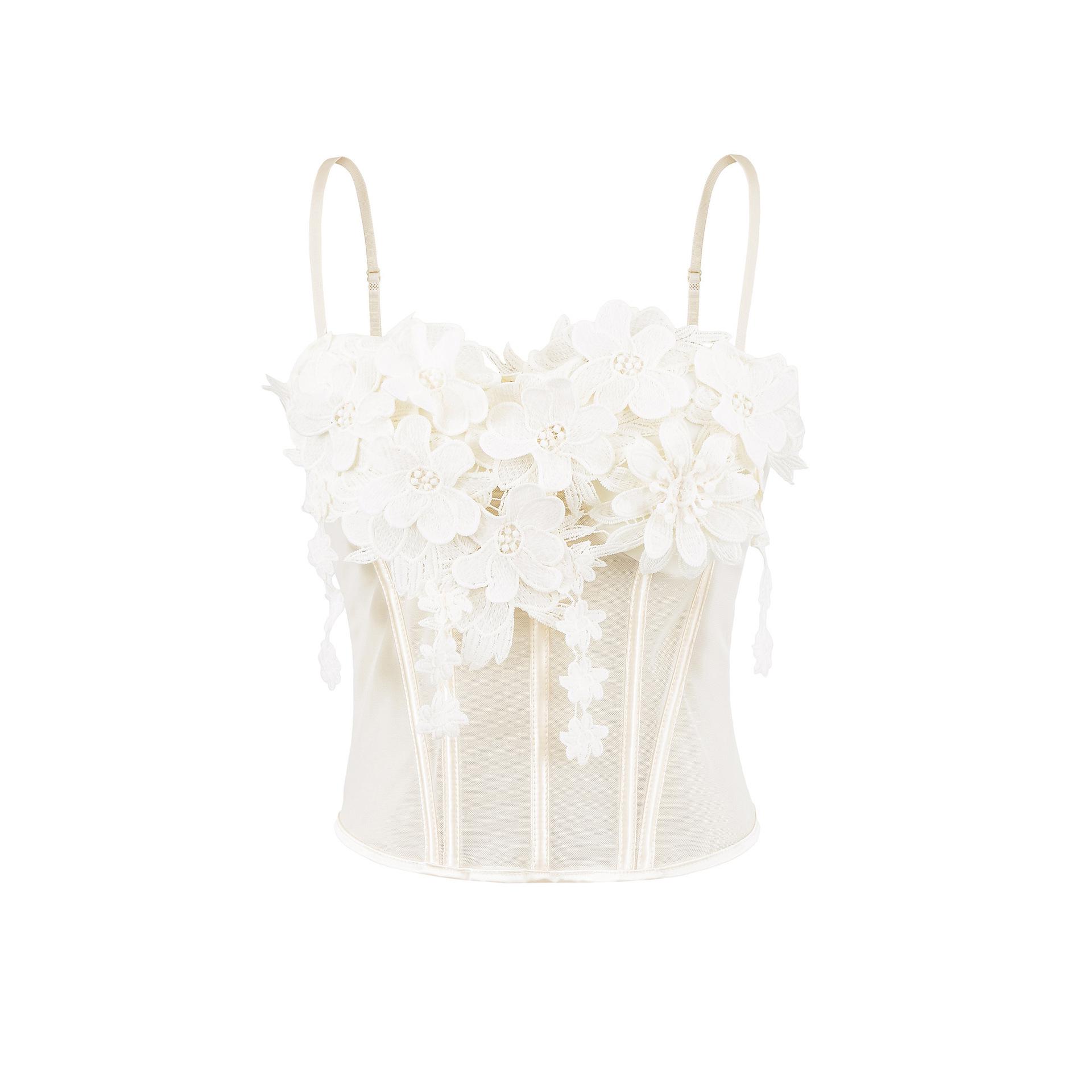 Женский приталенный топ-камзол с цветочным пэчворком - Белый летний топ без рукавов Medium белый