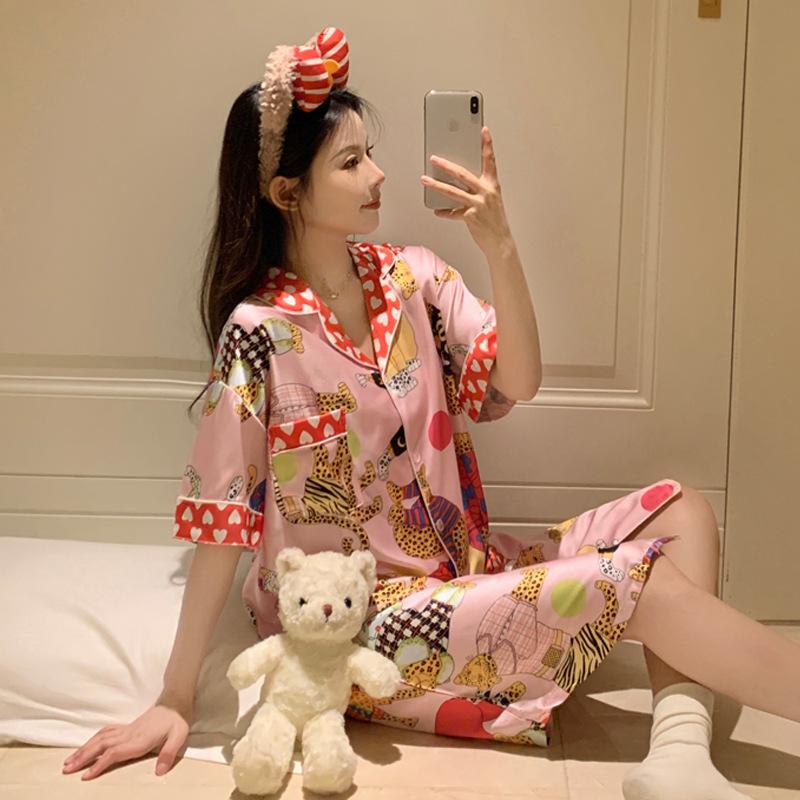 Sweet Leopard Summer Ice Silk Pajamas Women'S Little Love Printed Short Sleeve Homewear Pajamas Dress
