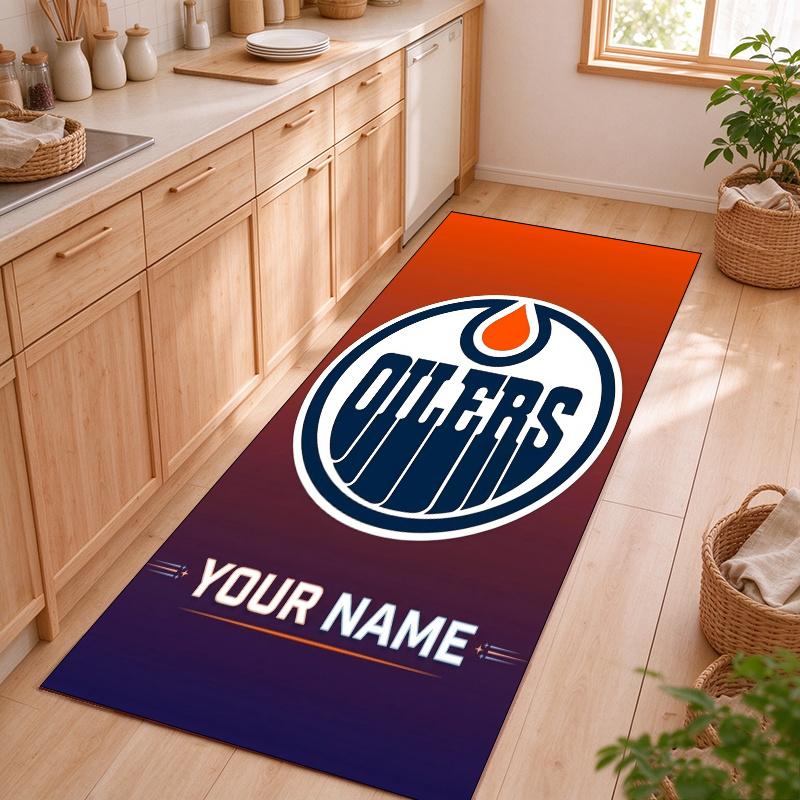 Edmonton Oilers Customizable name kitchen floor mat easy to clean and wipe down Suitable for kitchens living rooms and entryways—a perfec