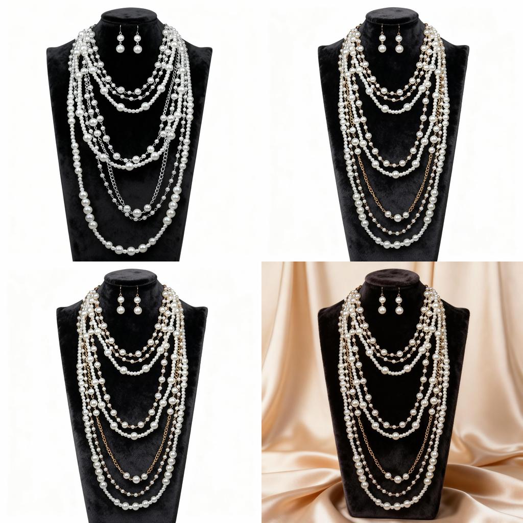 European Style Multilayer Pearl Necklace And Earring Set With Geometric Pendant For Women