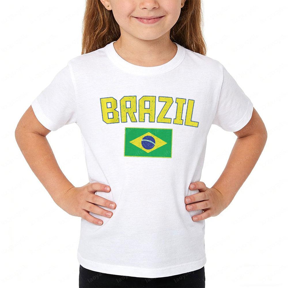 Brazil Flag Retro Style Graphic Children Shirt Kid Boys and Girls Summer Cotton Short Sleeve Little Soccer Fan Casual Daily Wear