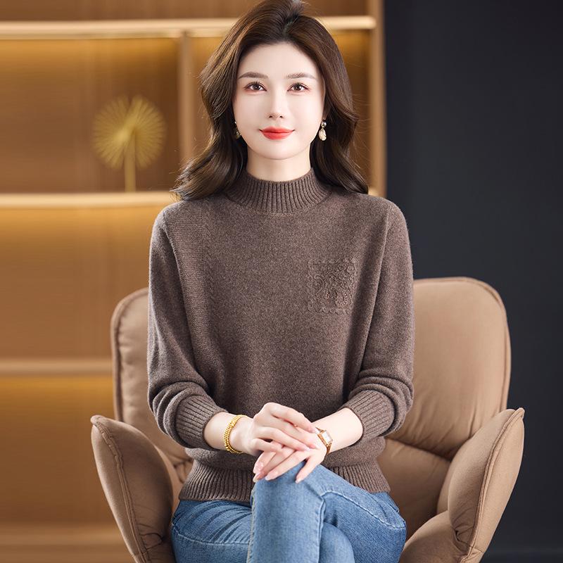 100% reine Schurwolle Damen Pullover mit halbem Stehkragen - Warme Strick-Basisschicht für mittlere und ältere Menschen