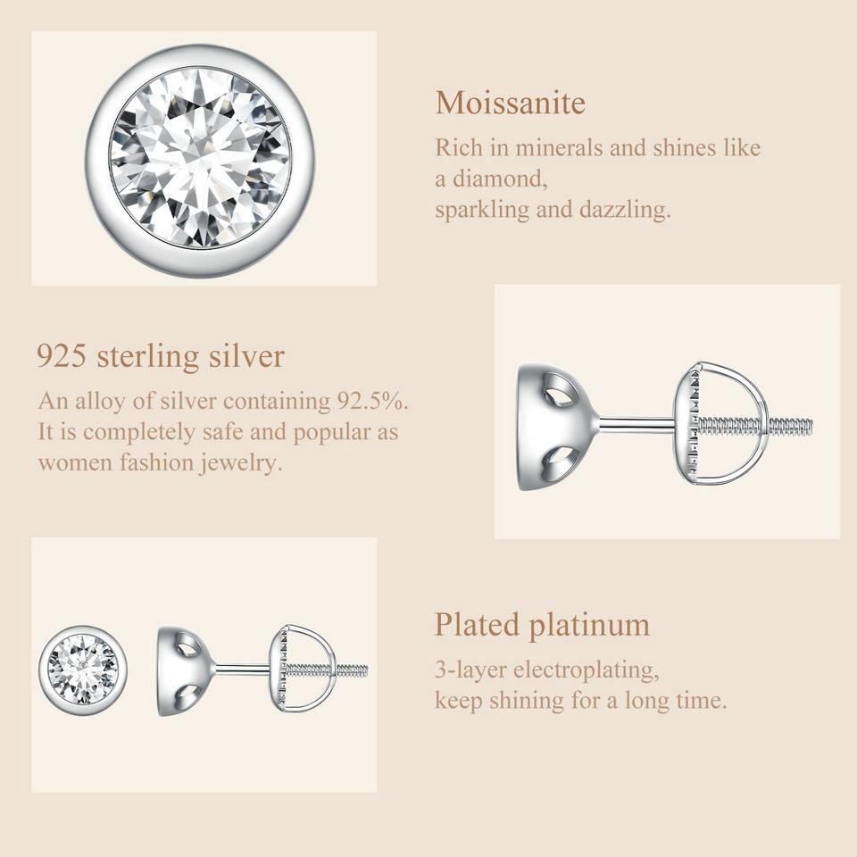 BAMOER 925 Sterling Silver Bezel Setting Moissanite Stud Earrings Round Cut Lab Diamond Earrings for Women Wedding Jewelry Gift