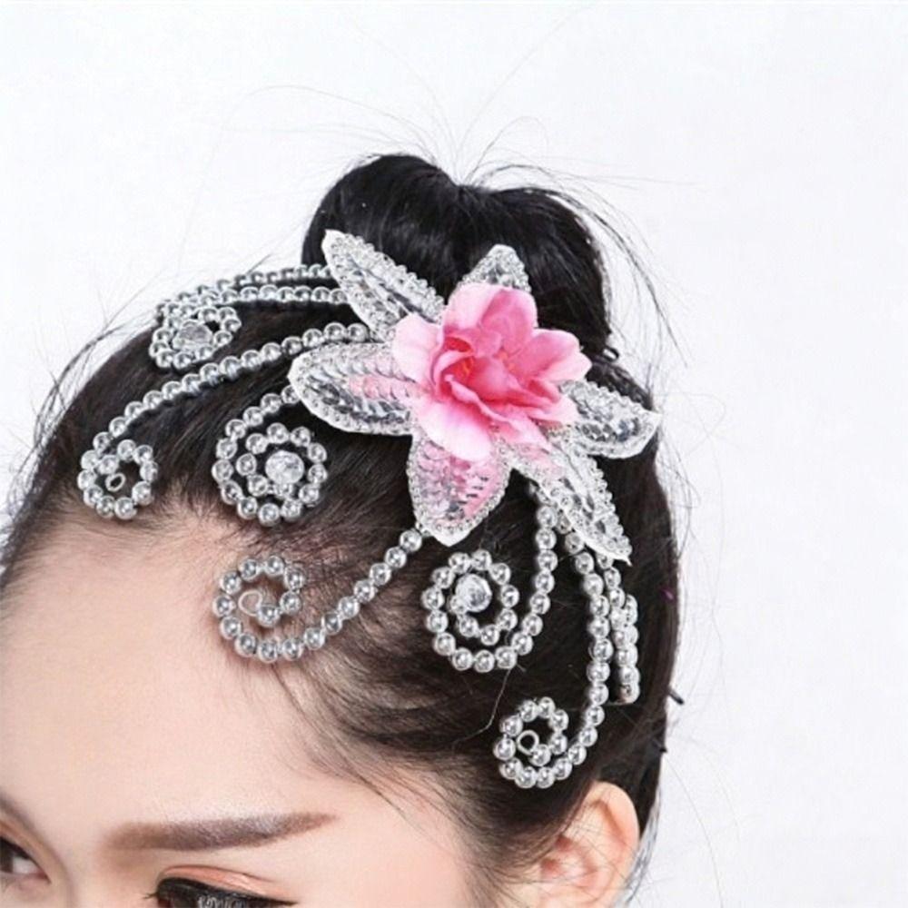 

Chinese Style Performance Headpiece Crystal Flowers Dance Head Flower Bridal Hair Jewelry срібні рожевого кольору