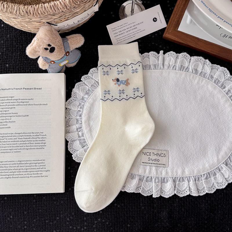 Korean Blue-Gray Striped Mid-Calf Socks - Women's Combed Cotton, Cute Puppy Design