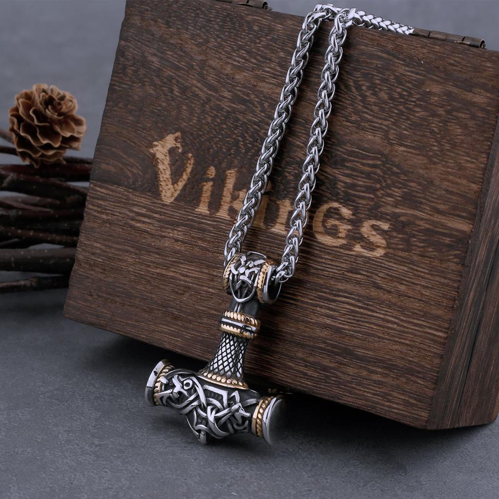 Rustfritt Stål Viking Vintage Tors Hammer Halskjede Menn Punk Biker Amulett Anheng Herresmykker Gave til Kjæreste