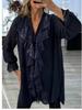 2024 V-neck Chiffon Long Sleeve Mid-length Shirt with Sequin Patchwork for Women