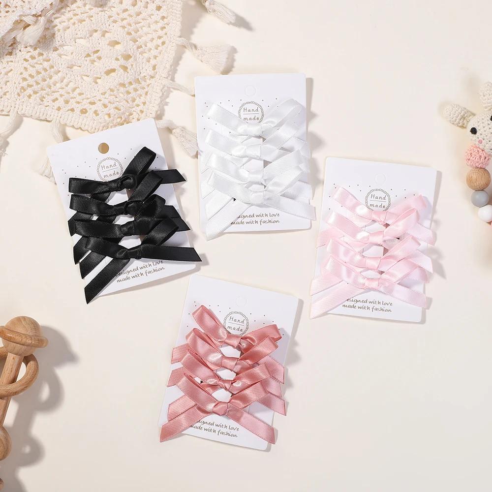 4Pcs/set Kids Sweet Solid Color Mini Bowknot Hair Clip for Baby Girls Ballet Style Ribbon Braided Hair Accessories