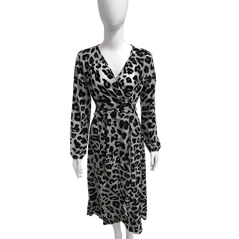 Women Leopard Print V Neck High Waist Irregular Long Sleeve Casual Dress
