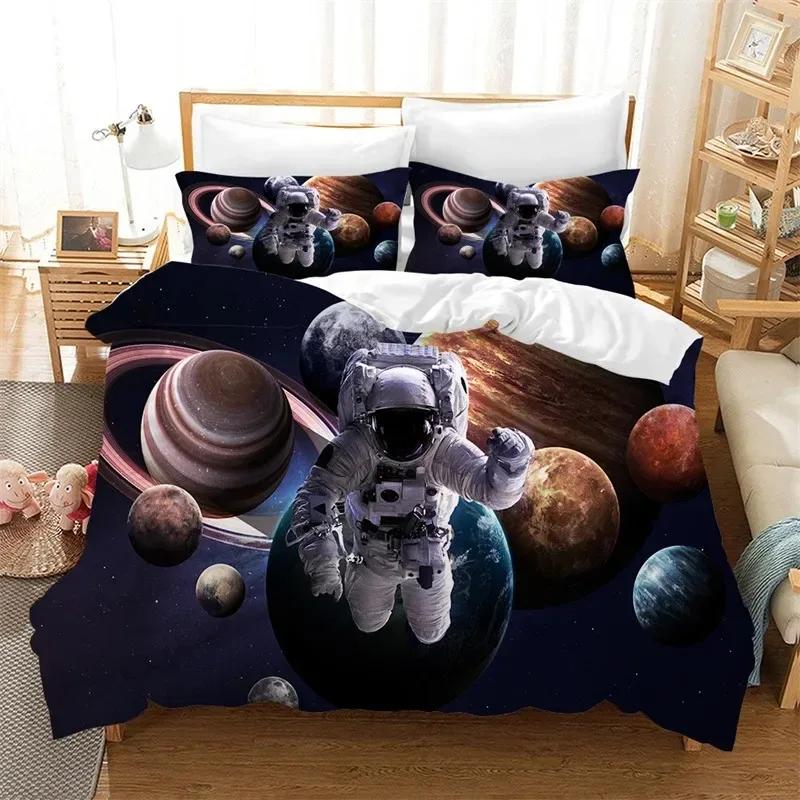 New Cartoon Astronaut Duvet Cover King Galaxy Space Bedding Set Microfiber Rocket Ship Space Adventure Comforter Cover