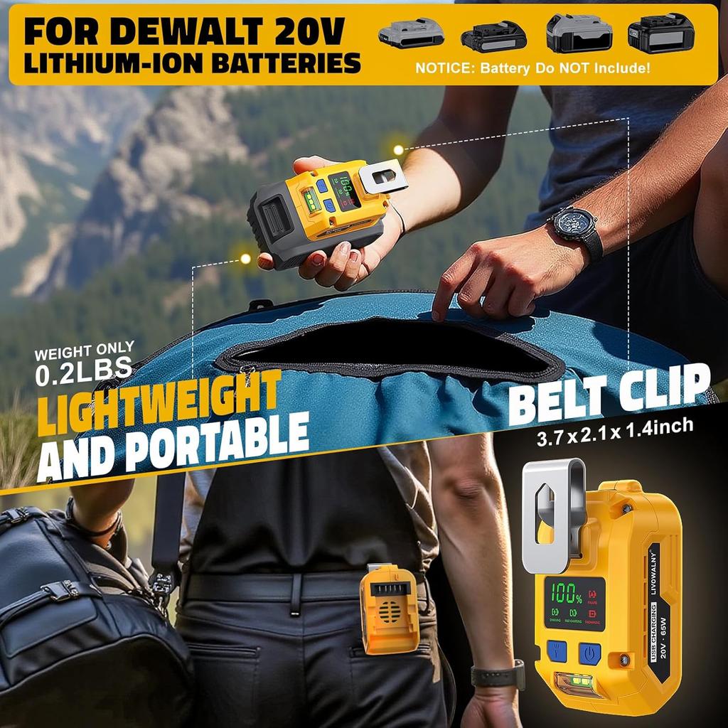 65W USB Battery Adapter for Dewalt, Power Inverter Battery Inverter Battery Charger Power Station with Type-C Port & USB Port & LED Light for Dewalt