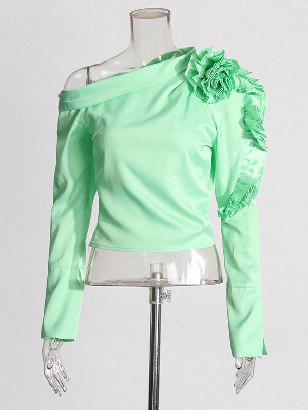 Elegant French Waist-Cinched Floral One-Shoulder Long-Sleeve Top for Spring 2026