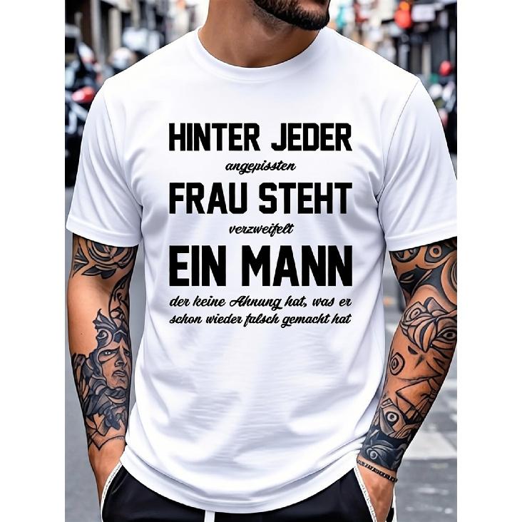 Men'S Funny German Text T-Shirt - Bold Geometric Print with Humorous Saying, White & Black Graphic Tee, Loose Fit Casual Streetwear, for all-Season