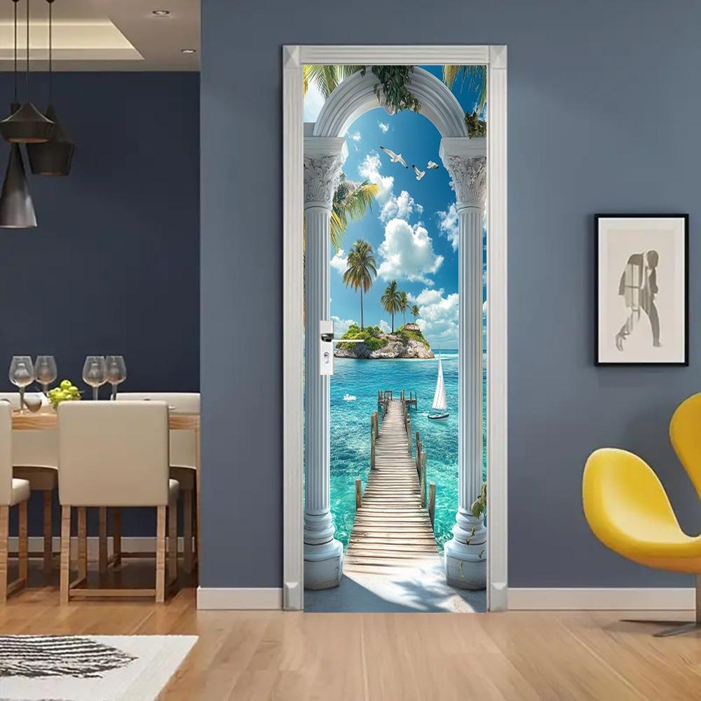 Ruhige tropische Küste, sonnenbeschienen, perfekt für die Schlafzimmerwanddekoration: Selbstklebende PVC-Wandaufkleber im modernen Design und künstlerische Türaufkleber