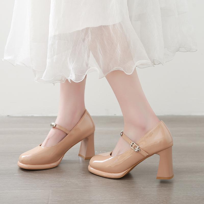 Genuine Leather Mary Jane High Heel Shoes Women's Chunky Heel Slip-On Elegant Mouth Mini Leather Shoes round Toe Rubber Sole