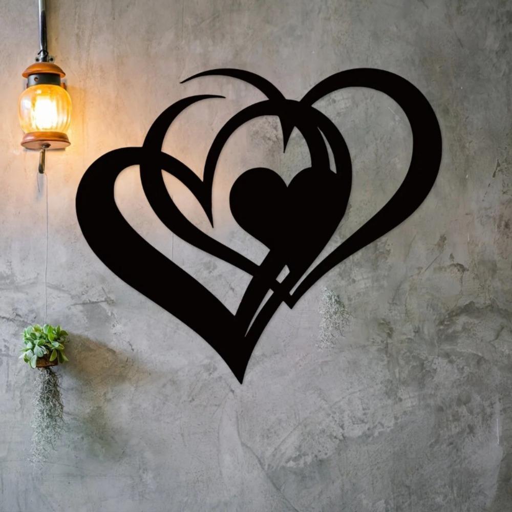 Double Heart Metal Wall Art Valentine Iron Decor Heart to Heart Design Easy Install Romantic Home Gift Black