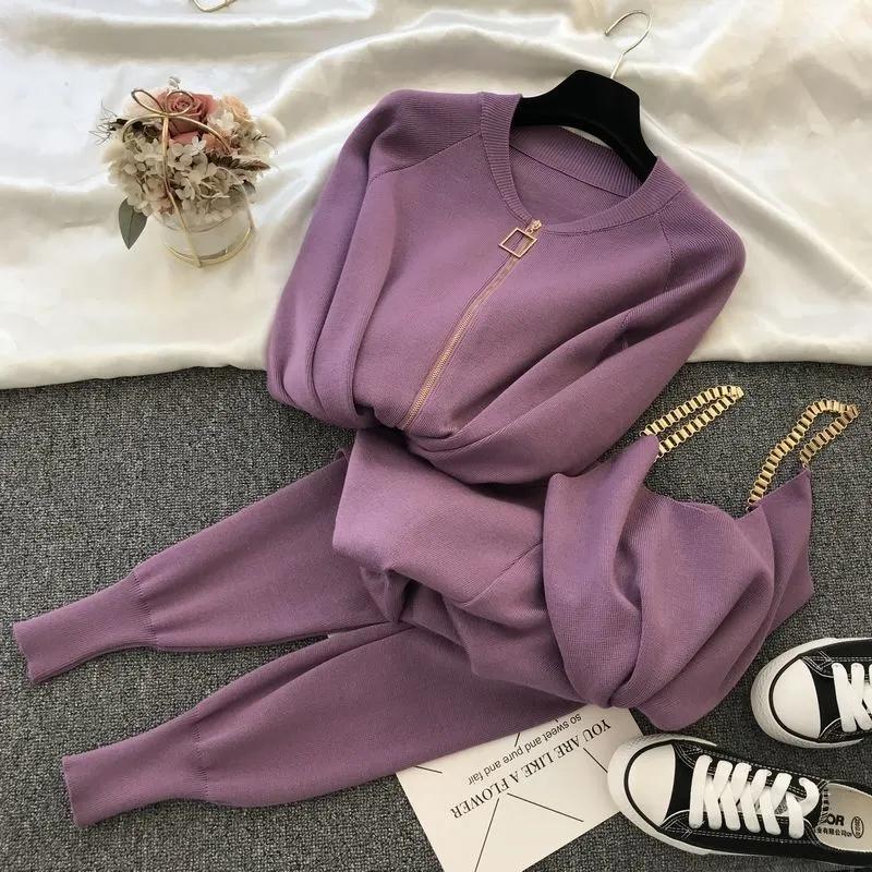 Women Zipper Knitted Cardigans Sweaters + Pants + Chain Vests Three-Piece Set Lady Jumpers Trousers Costumes Outfit Suit
