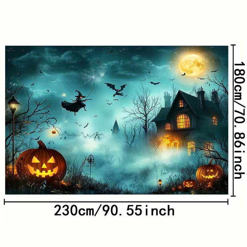 2D Halloween Thema Achtergrond, Heks, Pompoenen en Spookhuis voor Kostuum Fotoshoot