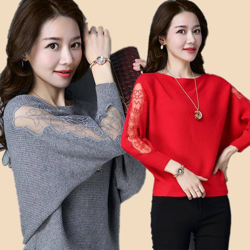 Frühlingspullover Koreanische Fledermausärmel Vielseitige große Strickwaren Damen Spitzenstickerei Backing Shirt Mode