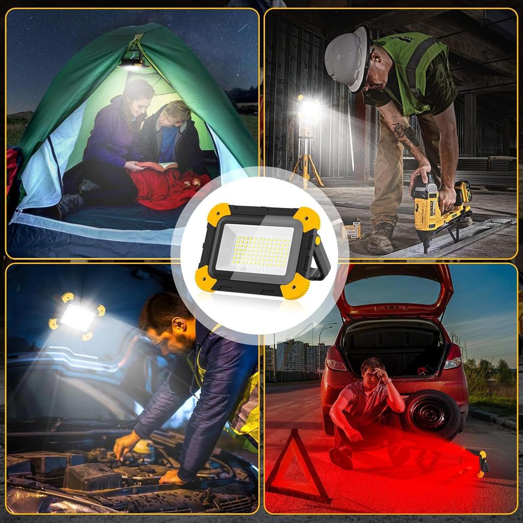 LED Work Spotlight 5 Mode Portable Construction Flood Light Rechargeable Camping Lamp for Site Garage Workshop Fishing Emergency