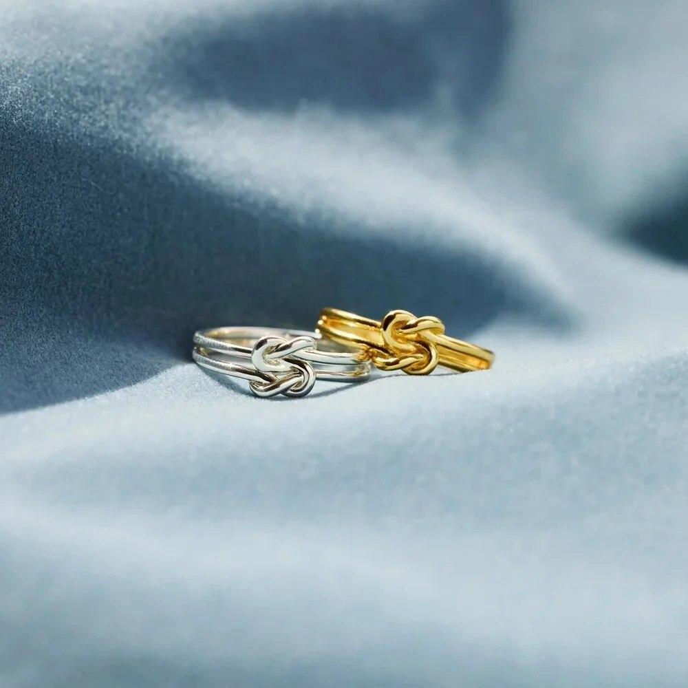 Anéis de prata esterlina 925 autênticos para mulheres, nó geométrico duplo torcido, minimalista, joias finas para meninas
