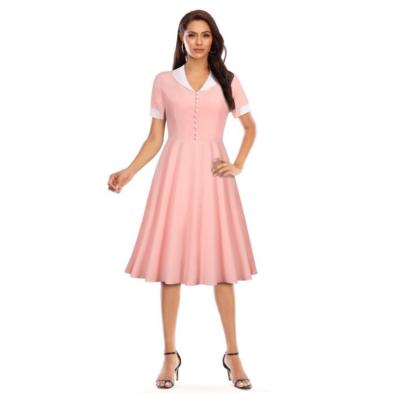 

Горячая распродажа Ретро женское платье с V-образным вырезом, однобортное, однотонное, с коротким рукавом, юбка-маятник XXL розовый
