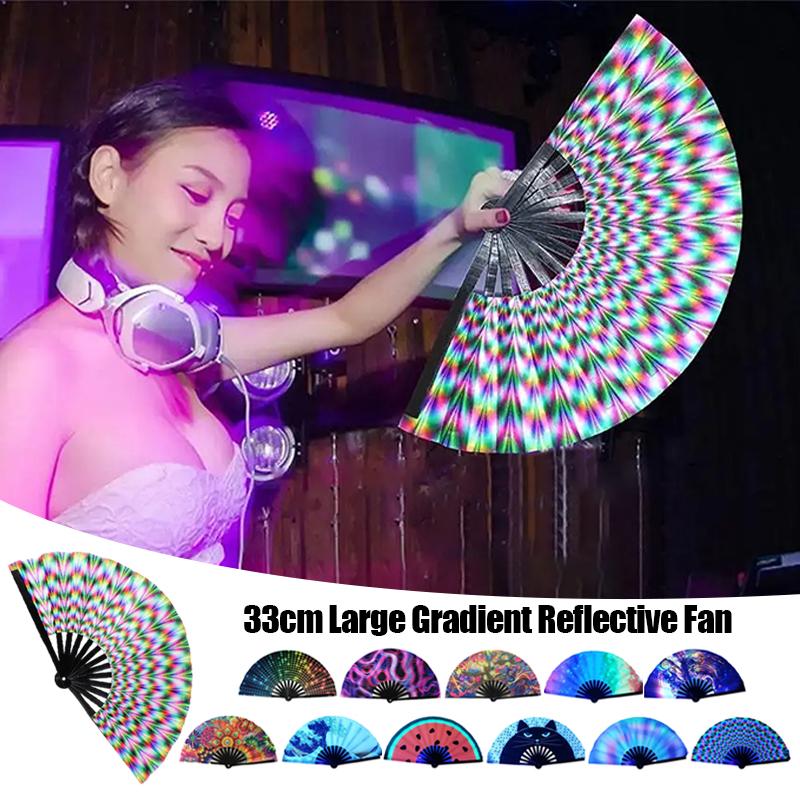 33cm Large Fluorescent Folding Hand Rave Fan Creative Print Music Festival Colorful Fan Wedding Party Spanish Dance Fan Gifts
