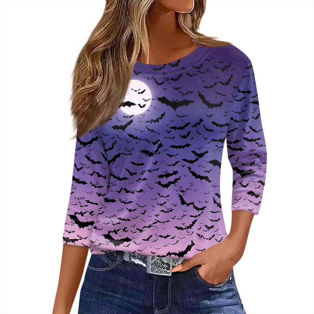 Damski T-shirt z nadrukiem na Halloween, rękaw 3/4, codzienny, modny, podstawowy, z okrągłym dekoltem, regularny top