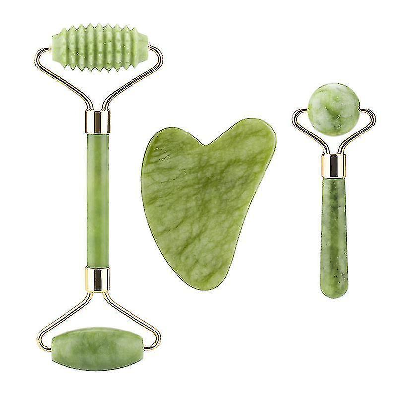 3 In 1 Facial Massage Roller Guasha Board Kit Double Heads Jade Stone Face Lift Skin Relaxation Slim