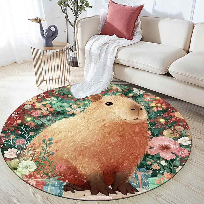 Christmas Capybara pattern round rug,Carpet Rug for Living Room Bedroom Playroom ,Non-slip Floor Mat,Holiday Gifts and Birthday Gifts.