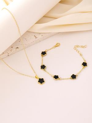 2pcs Lucky Five-petal Flower Women's Zircon Set, Fashion Flower Bracelet + Necklace , Birthday, Ann