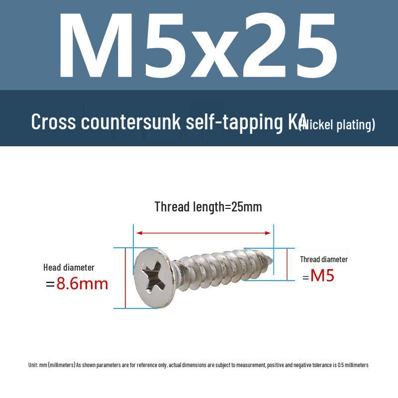 YiguYigu Nickel-Plated Phillips Flat Head Self-Tapping Screws M1-M5, Carbon Steel