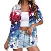 Women's Casual Short Sleeve Button Down Shirt with Collar Floral Print and Stars Stripes Pattern Lightweight Summer Top
