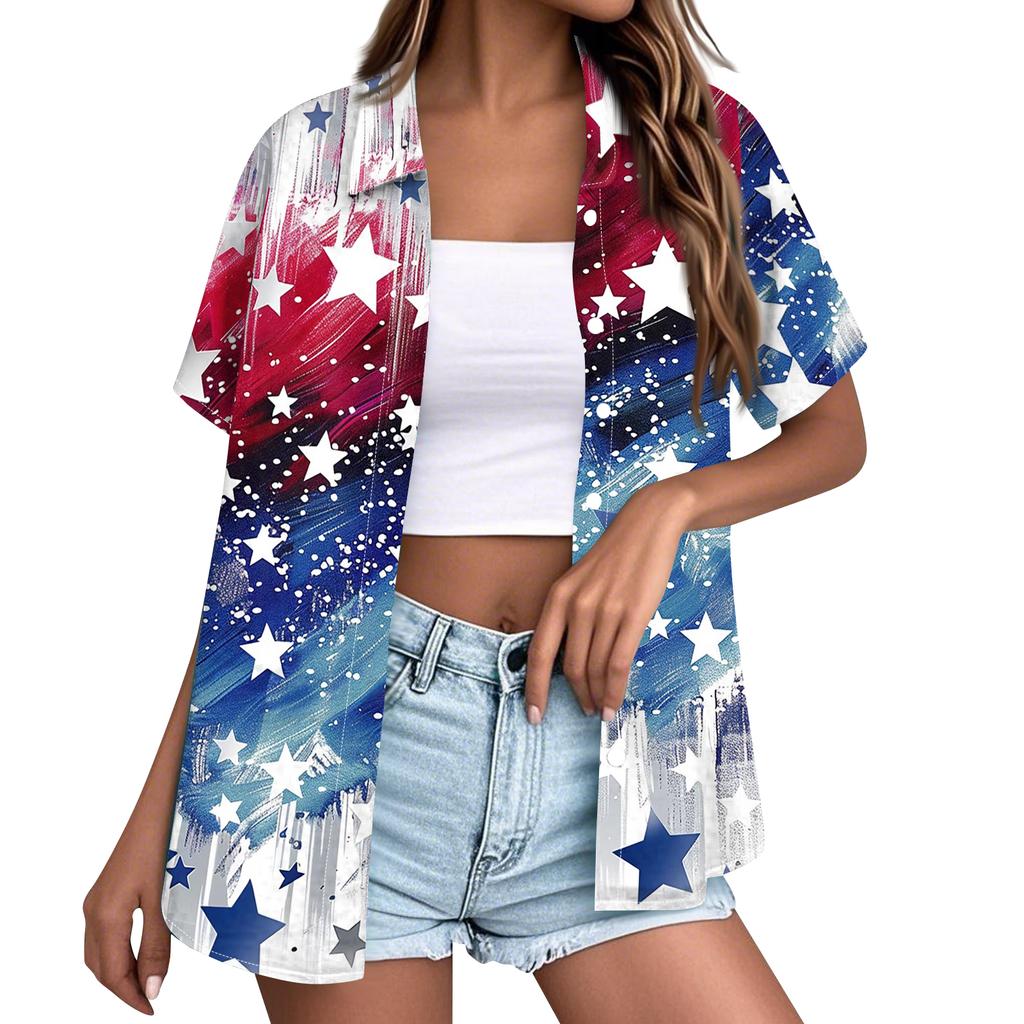 Women's Casual Short Sleeve Button Down Shirt with Collar Floral Print and Stars Stripes Pattern Lightweight Summer Top